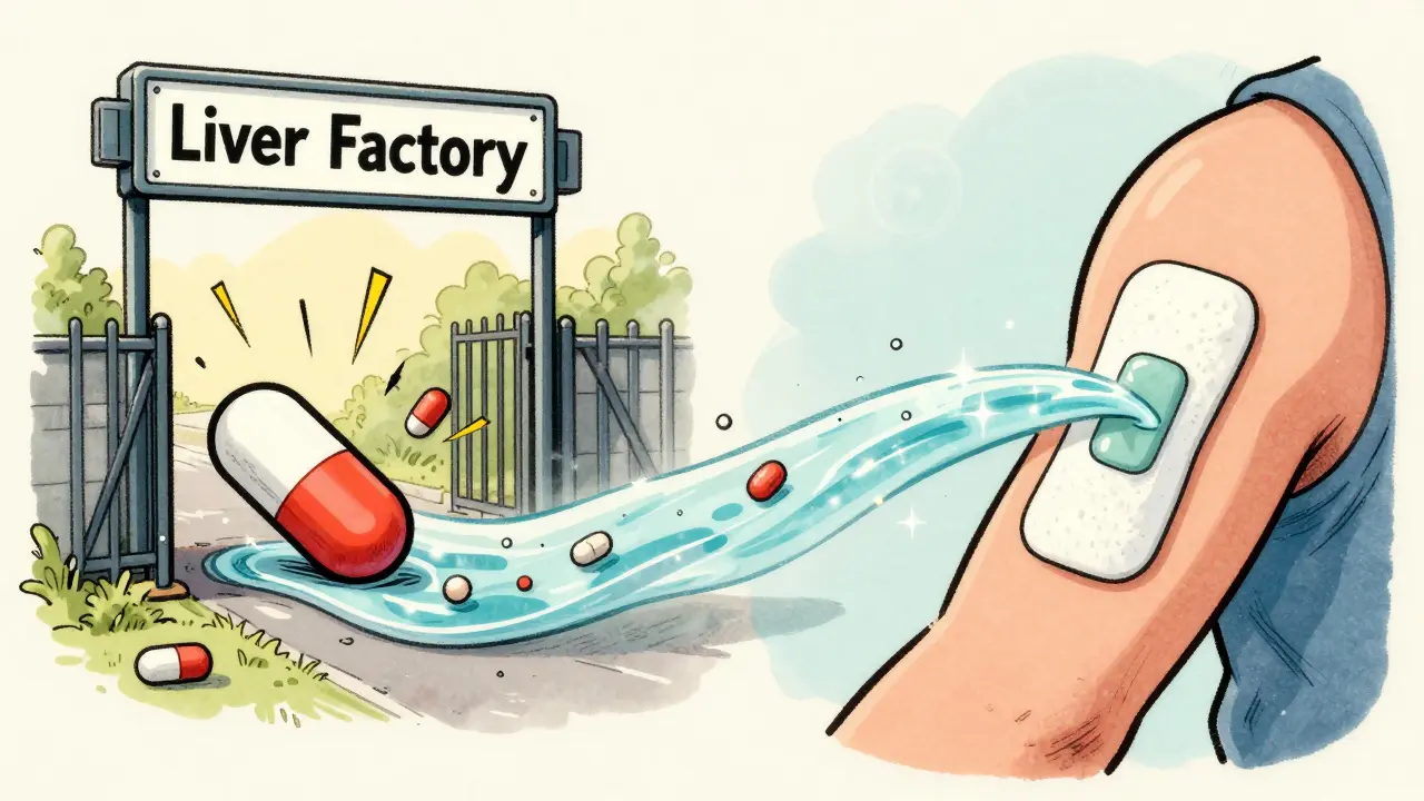 Illustration rétro comparant l'absorption d'un comprimé et d'un patch hormonal.