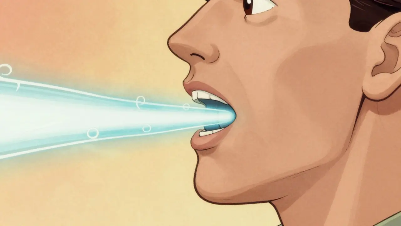 Illustration schématique d'un flux d'air CPAP maintenant les voies respiratoires ouvertes.