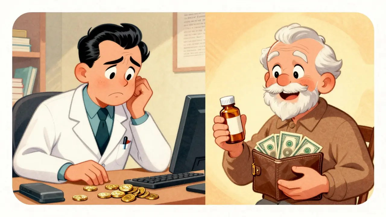 Illustration vintage contrastant l'inquiétude d'un médecin et la joie d'un patient face aux prix bas.