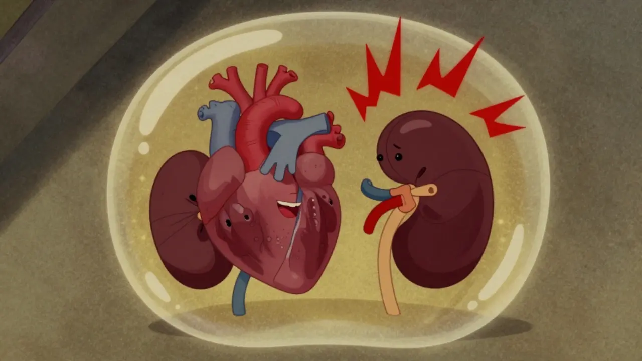 Un cœur et un rein protégés par une bulle dorée protectrice.