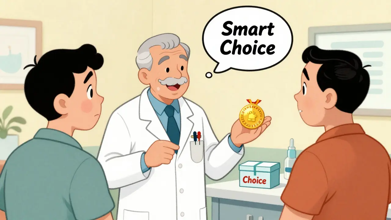 Un médecin expliquant avec confiance les avantages d'un médicament générique.