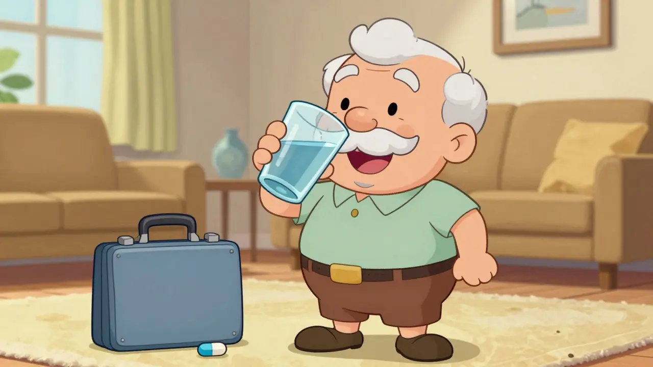 Une personne âgée souriante buvant de l'eau à côté d'un médicament.