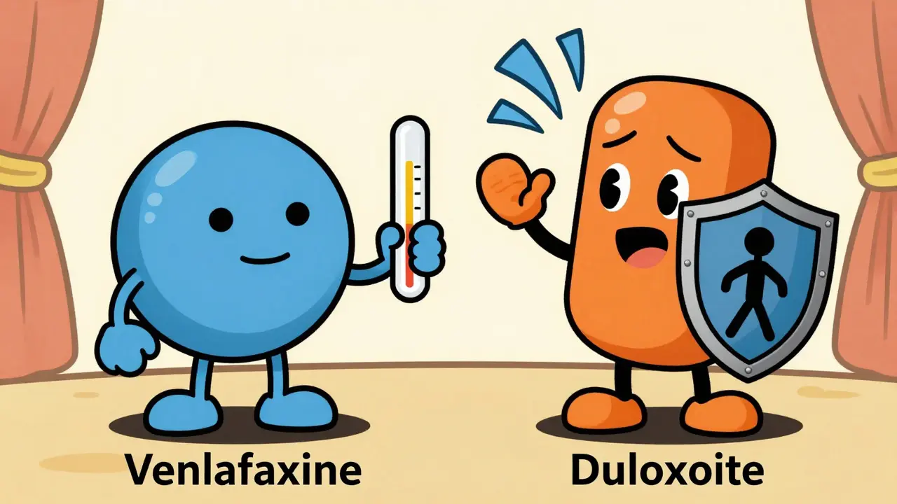 Caricature comparant les effets de la venlafaxine et de la duloxétine