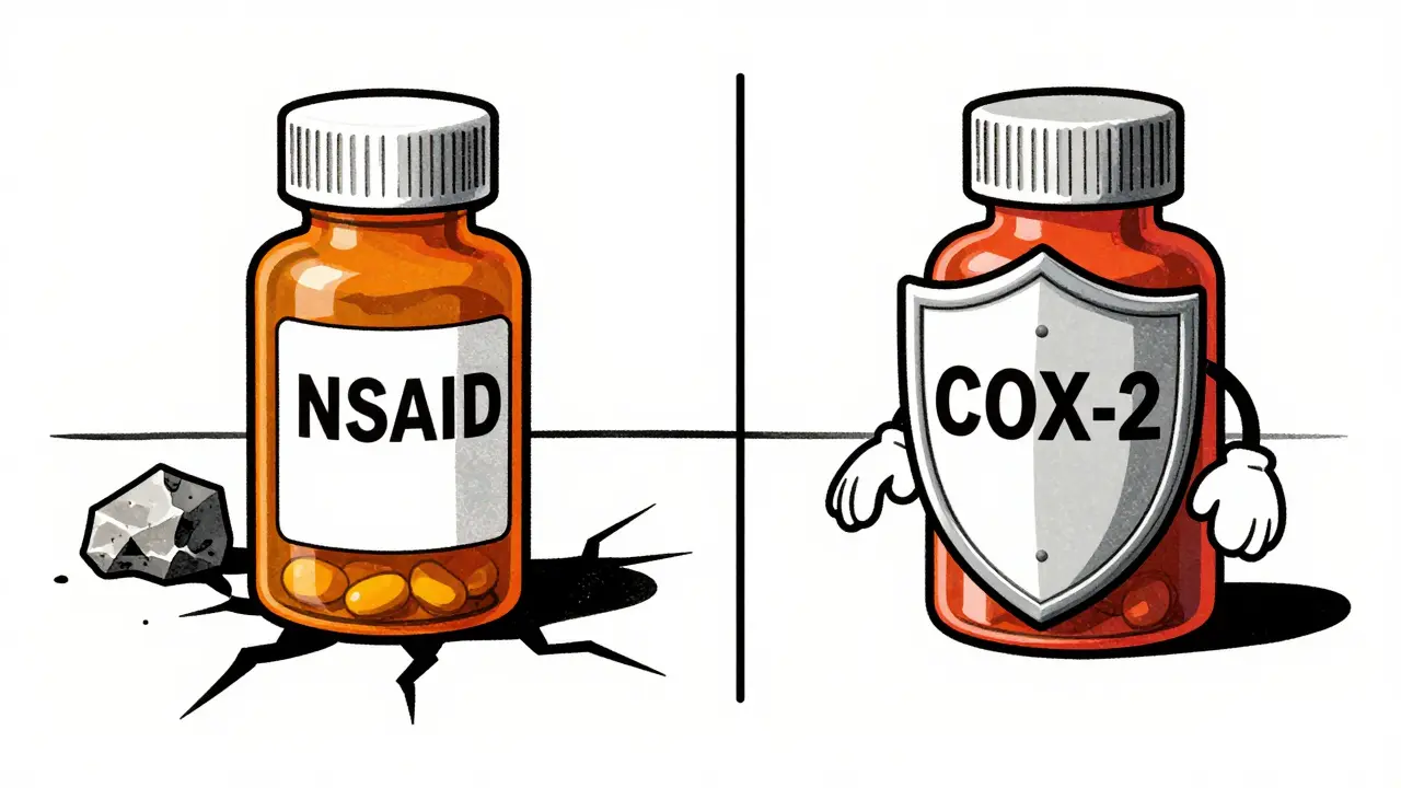Comparaison cartoon entre médicaments agressifs et doux pour l'estomac