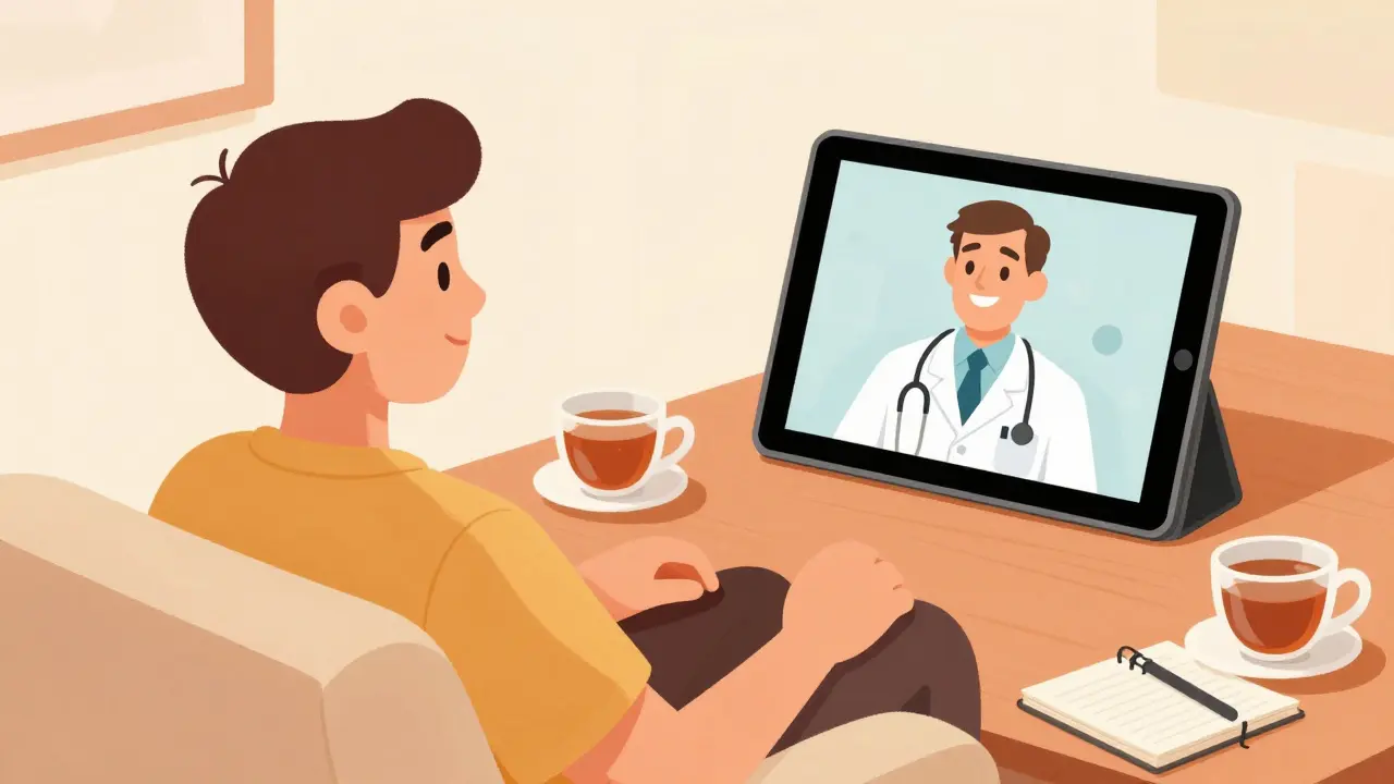 Consultation médicale en ligne confortable via tablette, illustration rétro