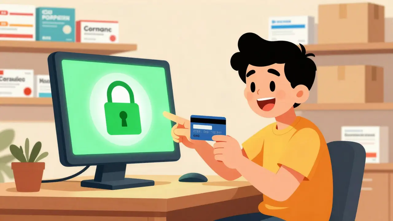 Illustration d'un achat en ligne sécurisé avec un cadenas et des colis livrés