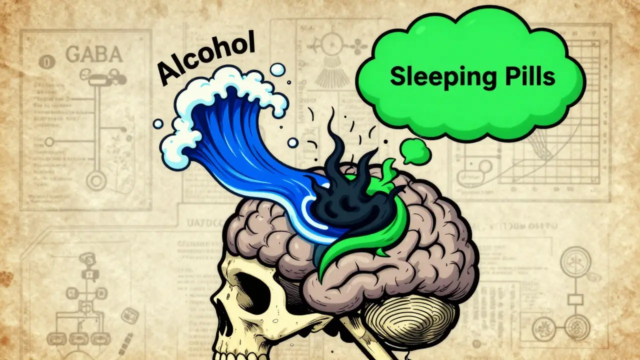 Illustration d'un cerveau sous l'effet combiné et dangereux de l'alcool et des sédatifs.