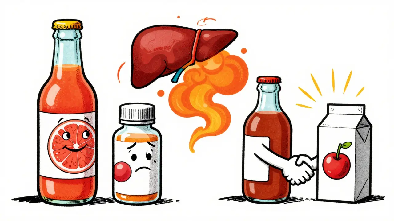 Illustration vintage montrant des interactions médicamenteuses dangereuses entre pilules et jus