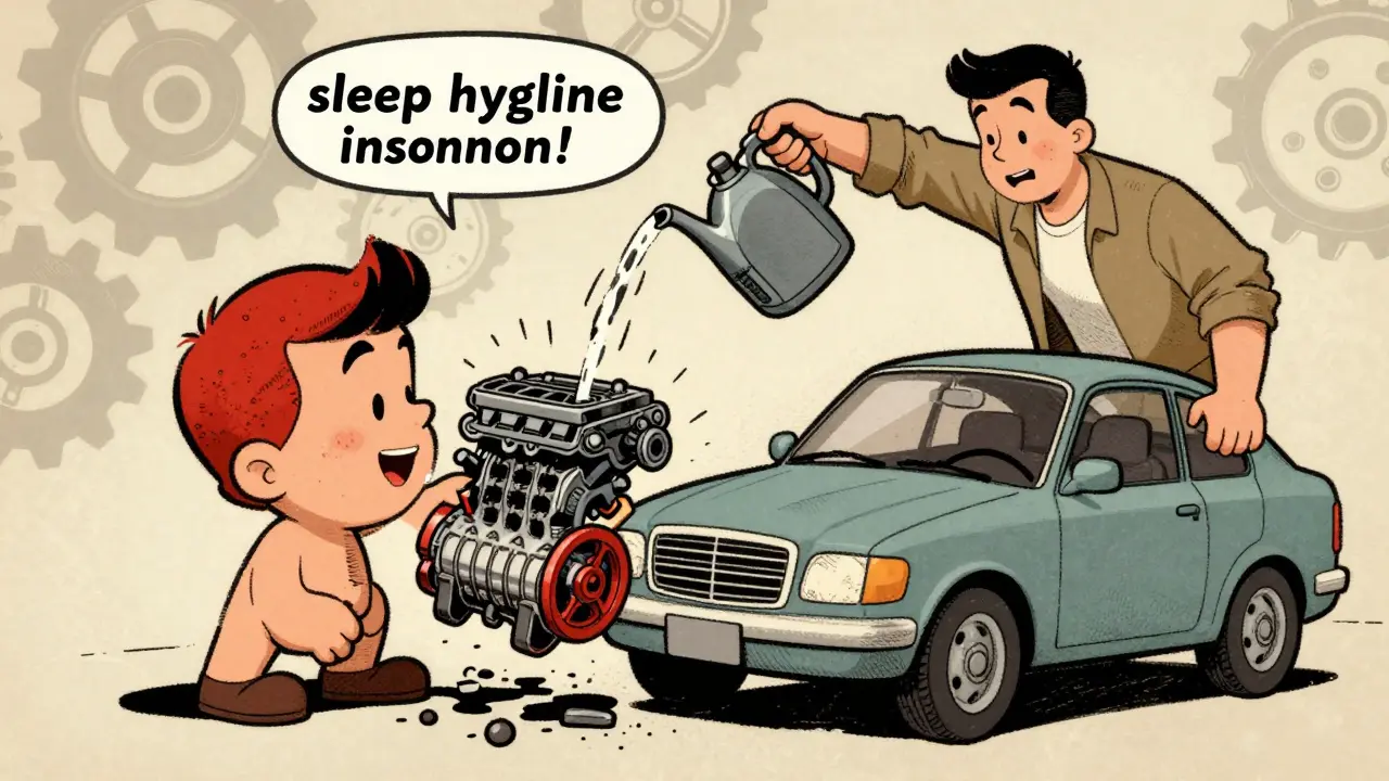 Métaphore visuelle : l'hygiène du sommeil comme carburant pour un moteur mental cassé