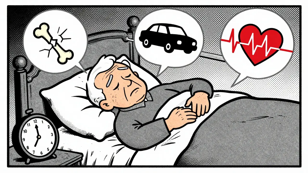 Personne âgée dormant avec des symboles de risques comme les chutes et l'apnée.