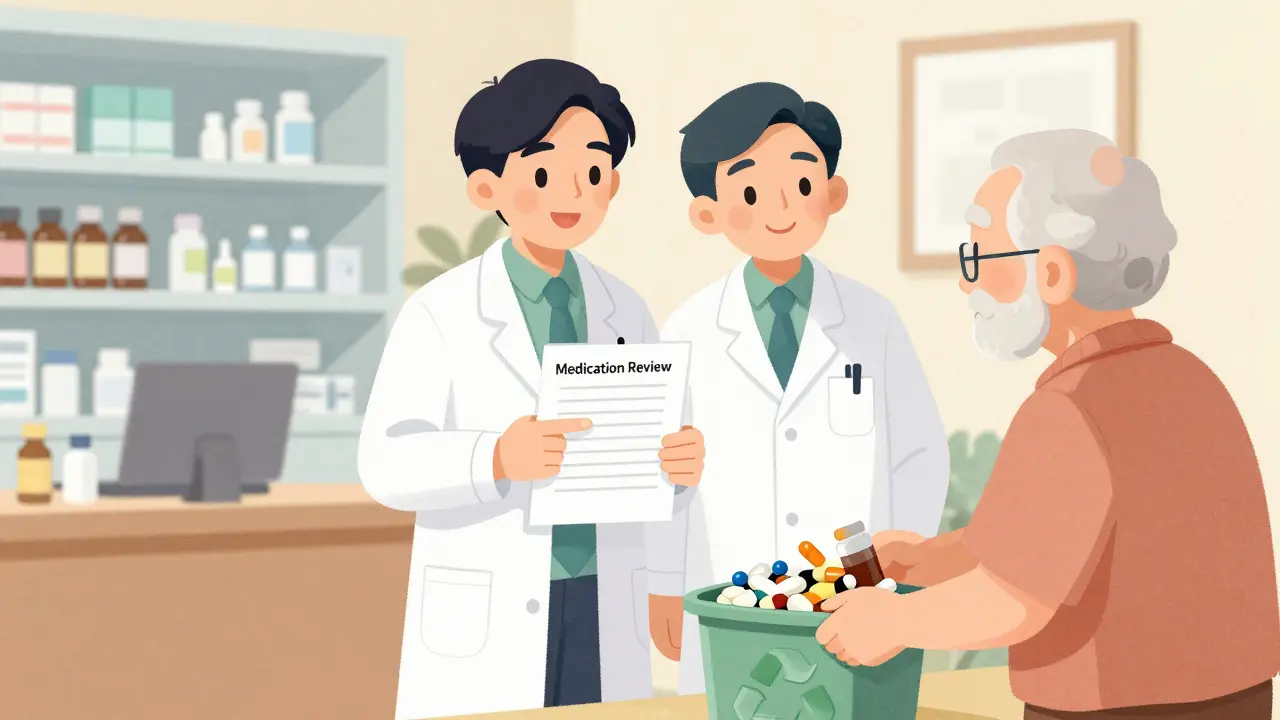 Pharmacien aidant un patient à simplifier sa liste de médicaments avec une checklist