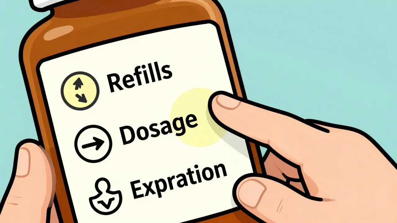 Pharmacien pointant les informations de renouvellement sur une étiquette de médicament