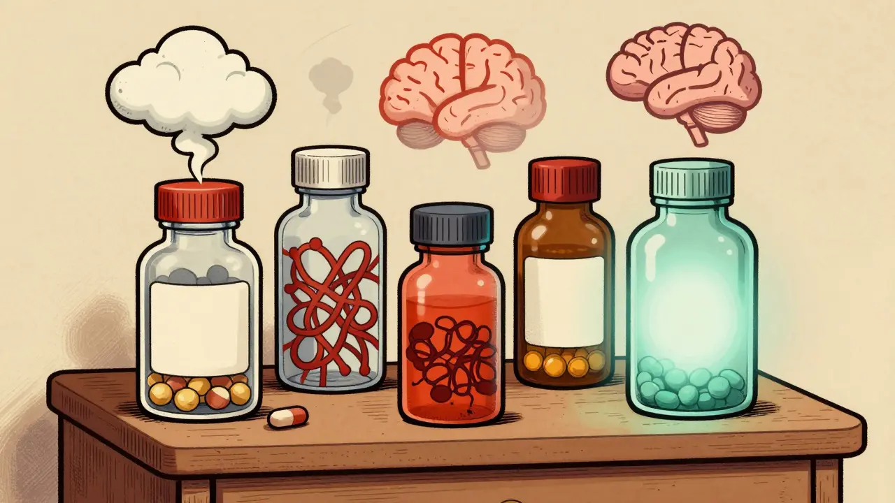 Bouteilles de somnifères avec effets cognitifs illustrés