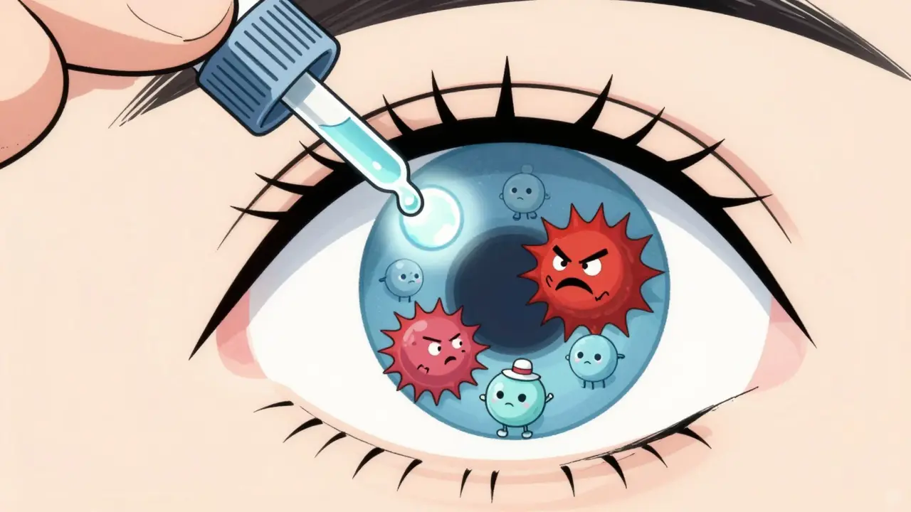 Gouttes oculaires bloquant l'histamine dans un style cartoon