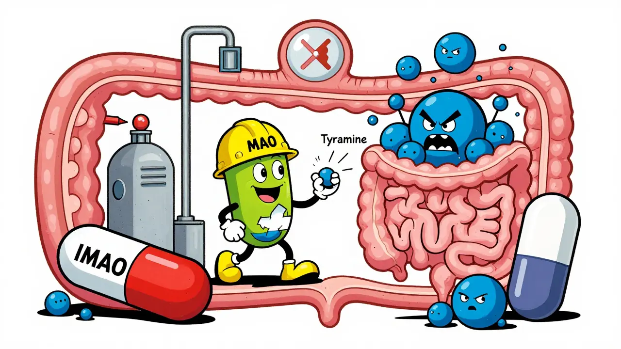 Illustration vintage montrant les enzymes MAO bloquées par des médicaments IMAO