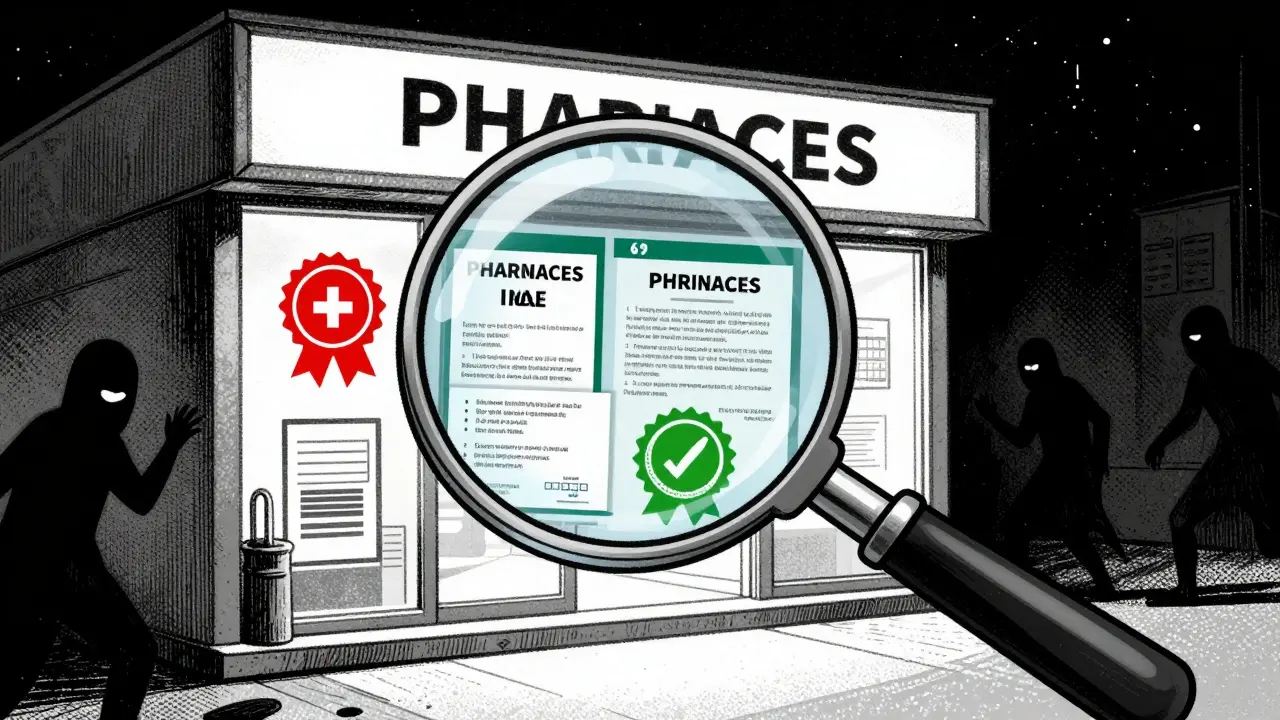 Loupe vérifiant les certifications d'une pharmacie en ligne sûre