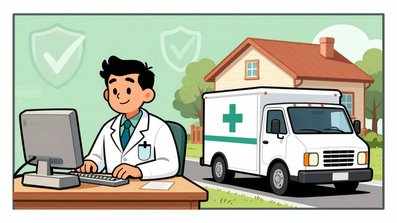 Médecin en visioconférence et livraison sécurisée de médicaments à domicile