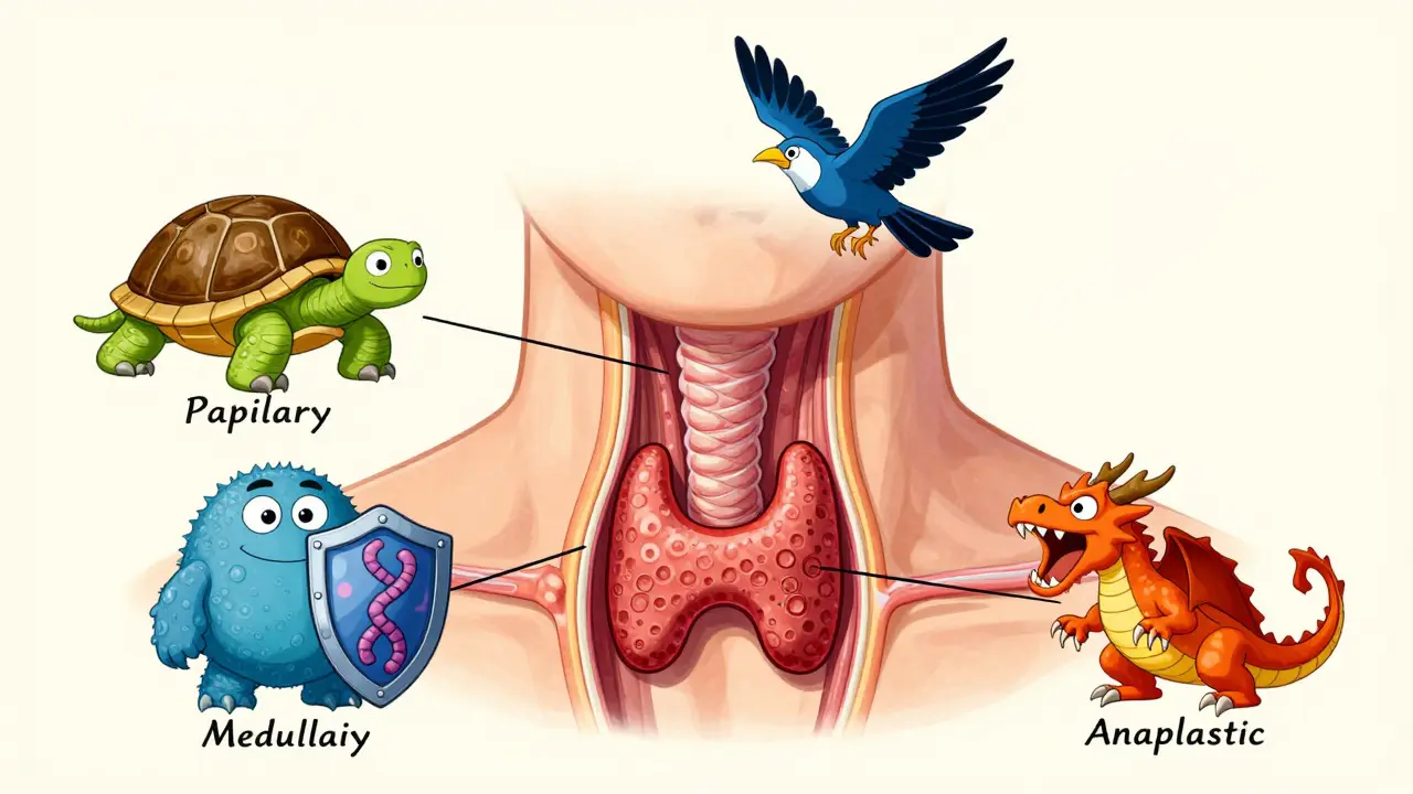 Monstres de dessin animé représentant les quatre types de cancer de la thyroïde