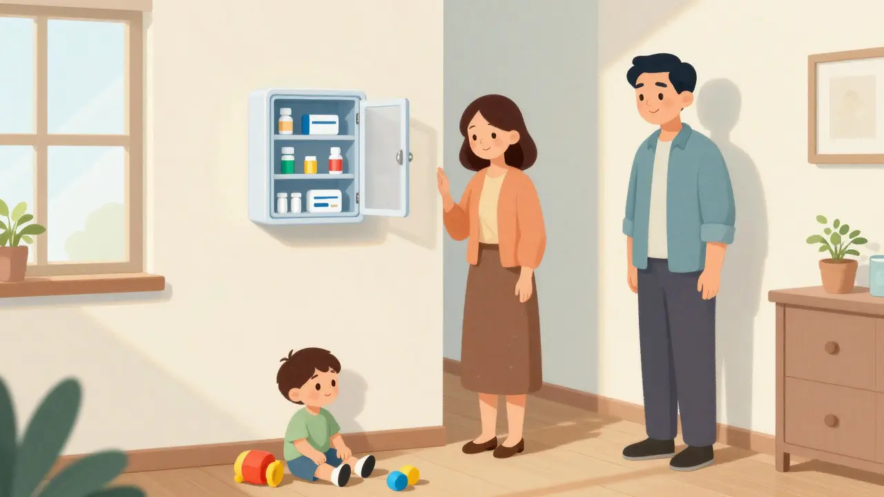 Parents sereins avec un coffre-fort pour médicaments installé au mur