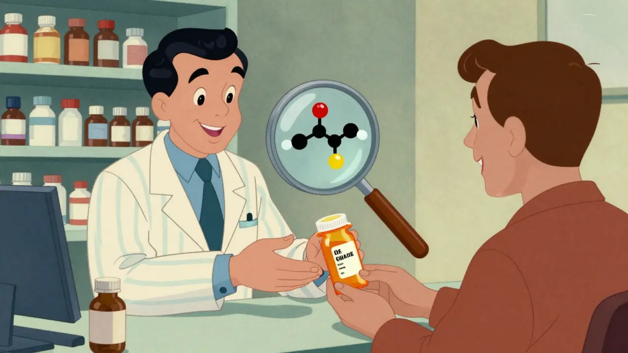 Pharmacien expliquant l'équivalence des principes actifs à un patient souriant