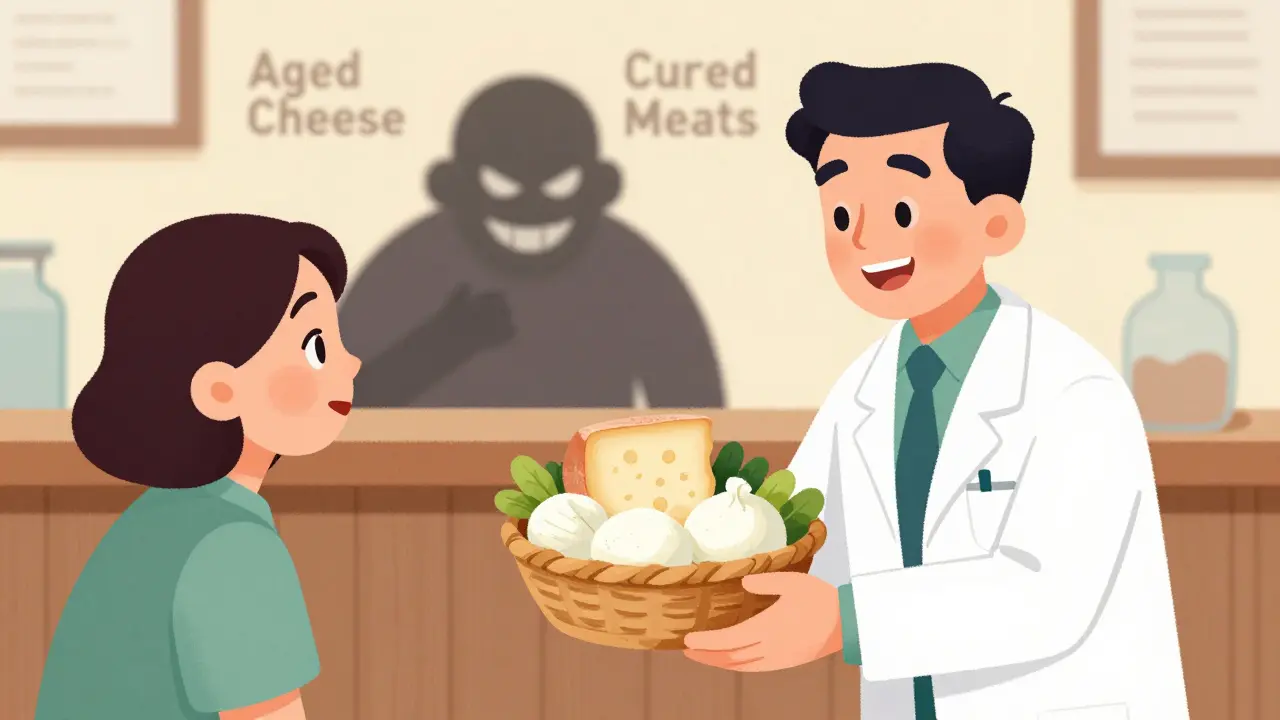 Un pharmacien offrant des fromages frais sûrs à un patient soulagé
