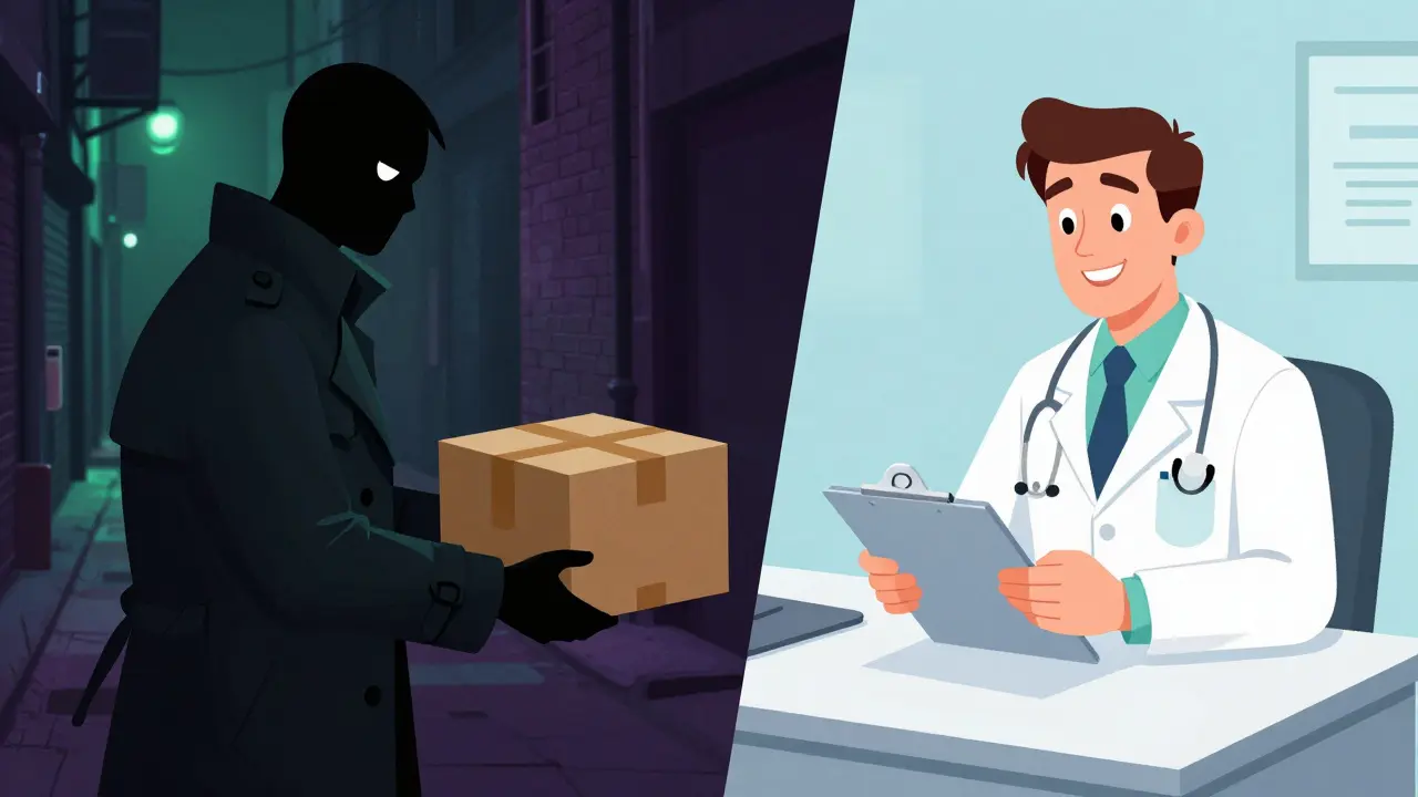 Comparaison vintage entre pharmacie en ligne frauduleuse et médecin légitime