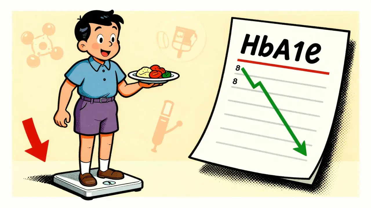 Dessin animé rétro : un patient maigrit tandis qu'un graphique montre la baisse de l'HbA1c.