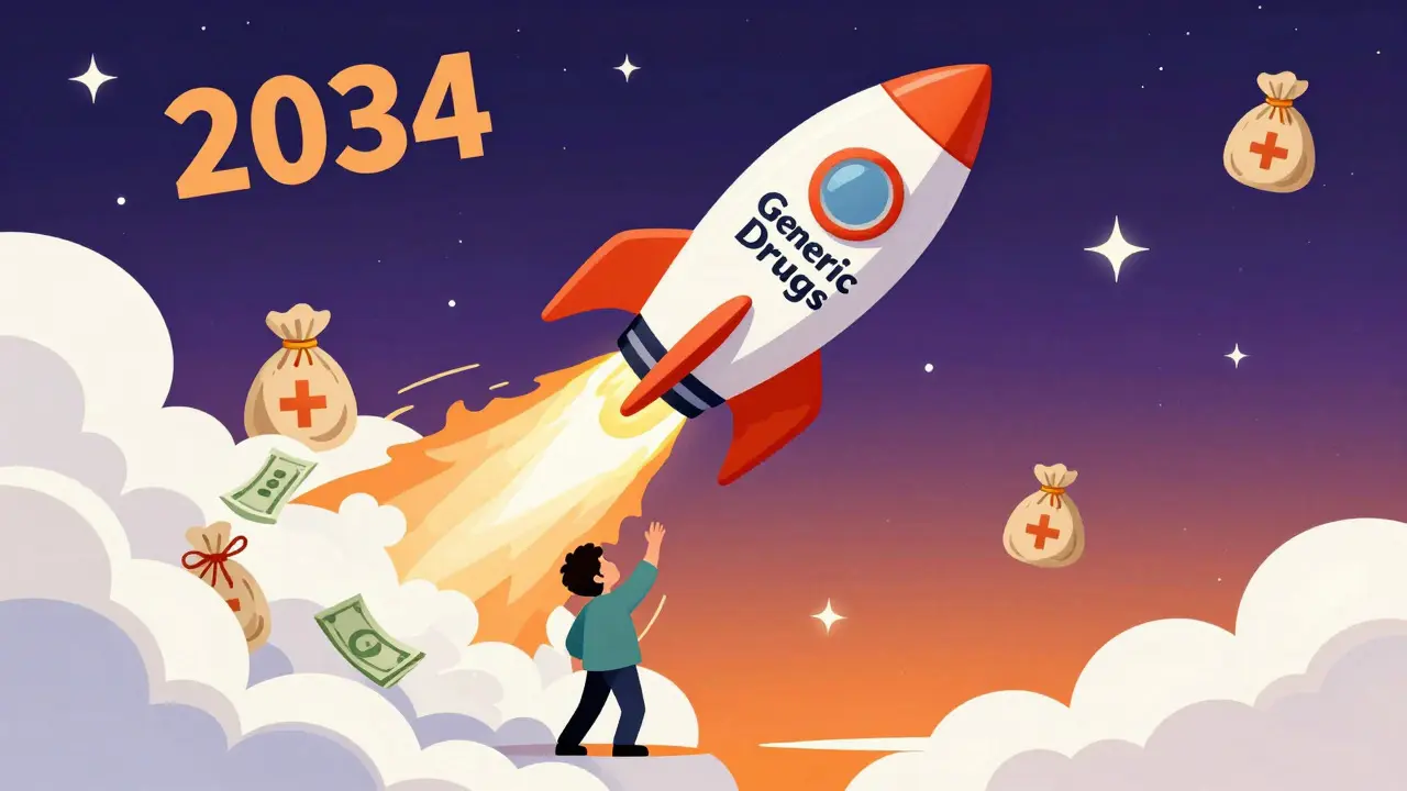 Fusée stylisée représentant les économies futures des génériques décollant vers 2034.