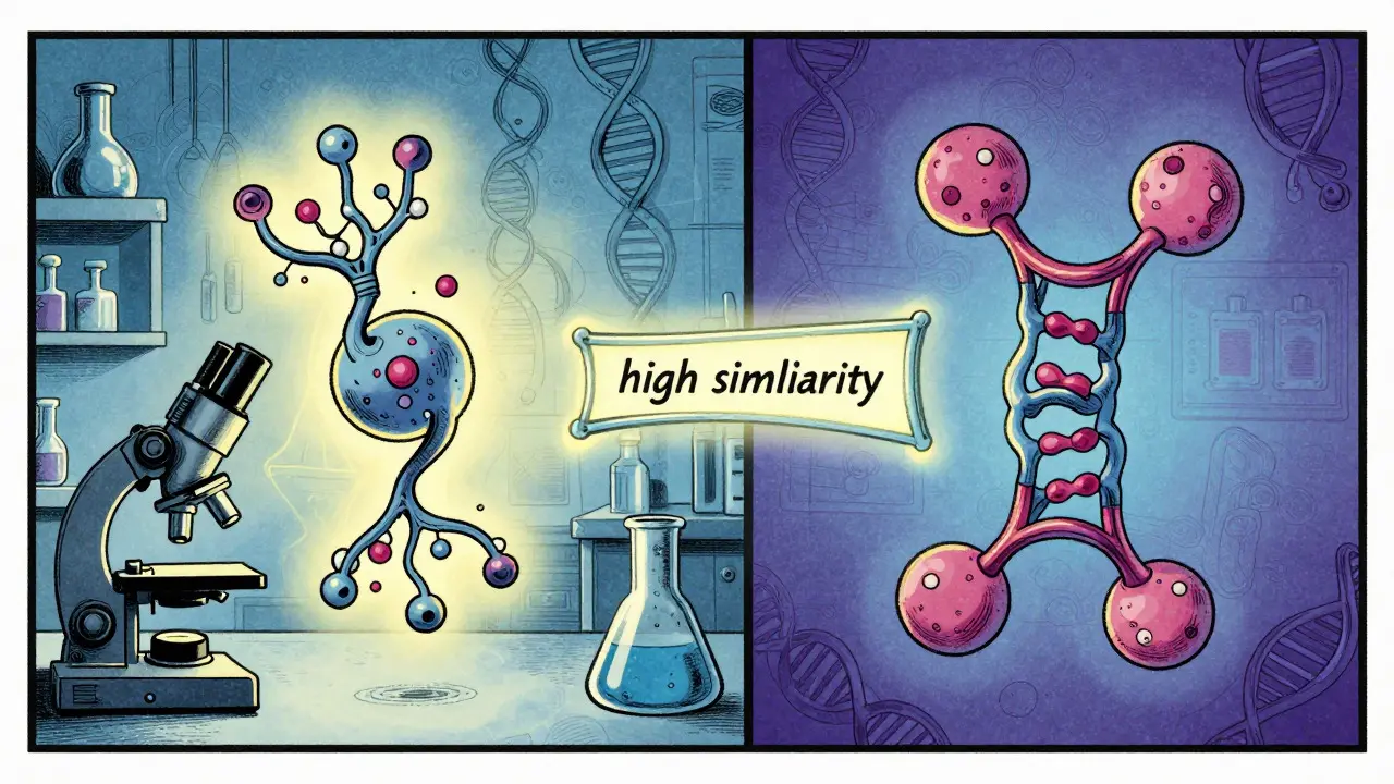 Illustration scientifique montrant la similitude entre molécules biologiques et biosimilaires