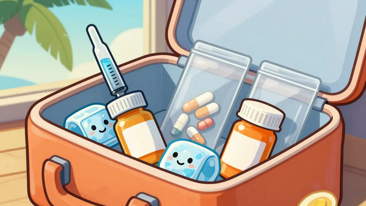Médicaments bien rangés dans un sac de voyage rétro
