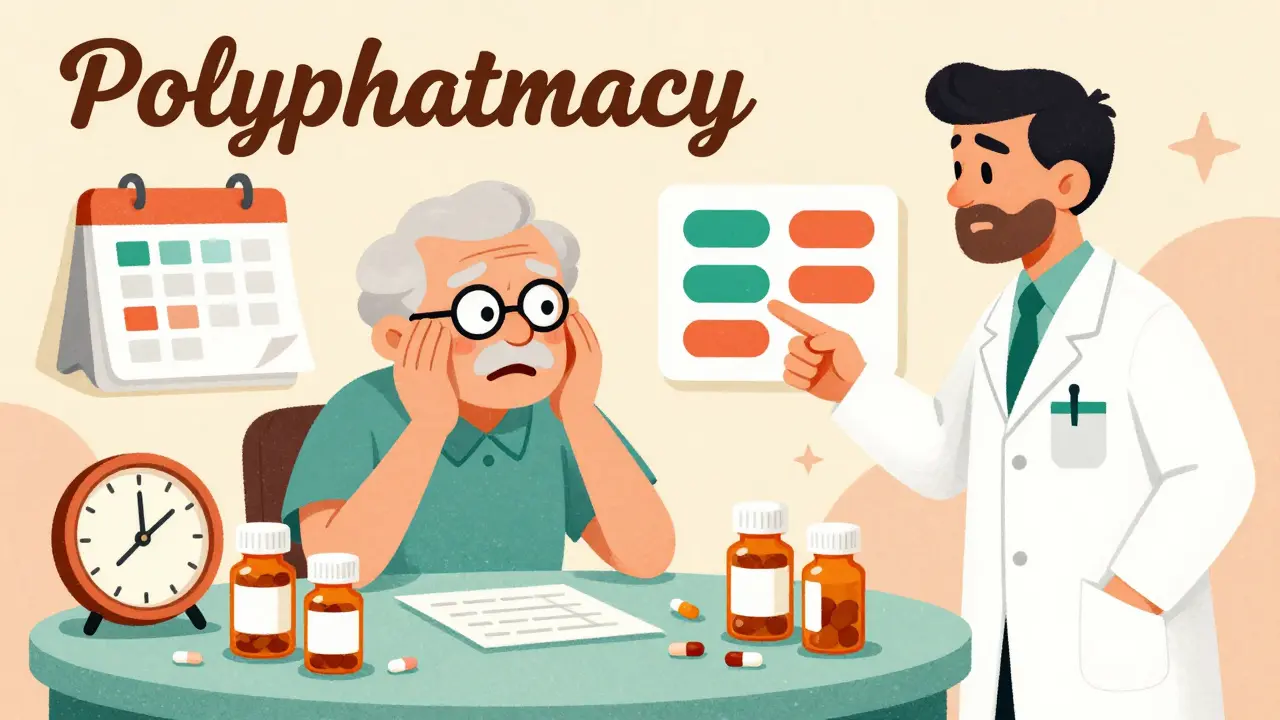Personne âgée gérant plusieurs médicaments et horaires, style dessin animé