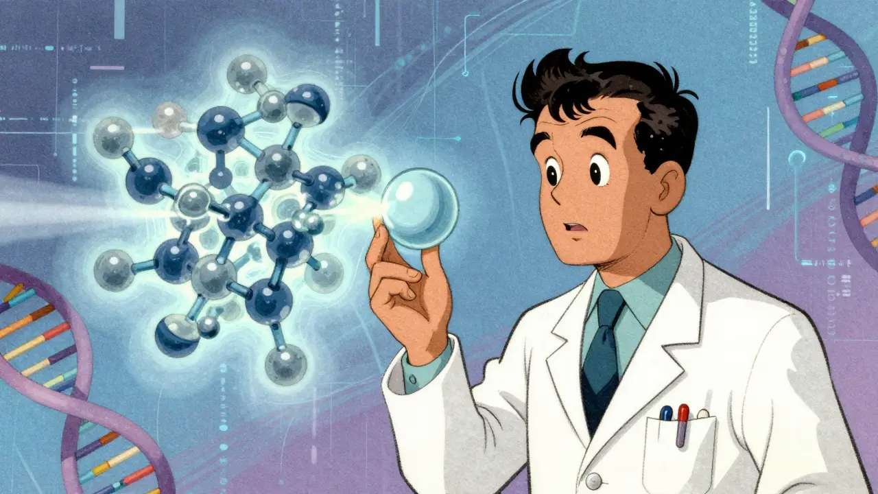 Un scientifique compare une molécule complexe de biosimilaire à une simple sphère de générique.