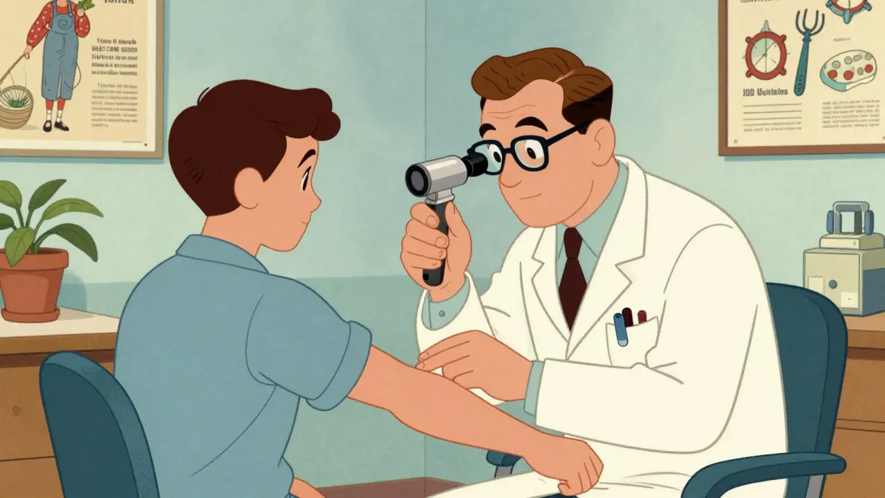 Dermatologue examinant un patient avec un dermoscope dans un bureau médical rétro