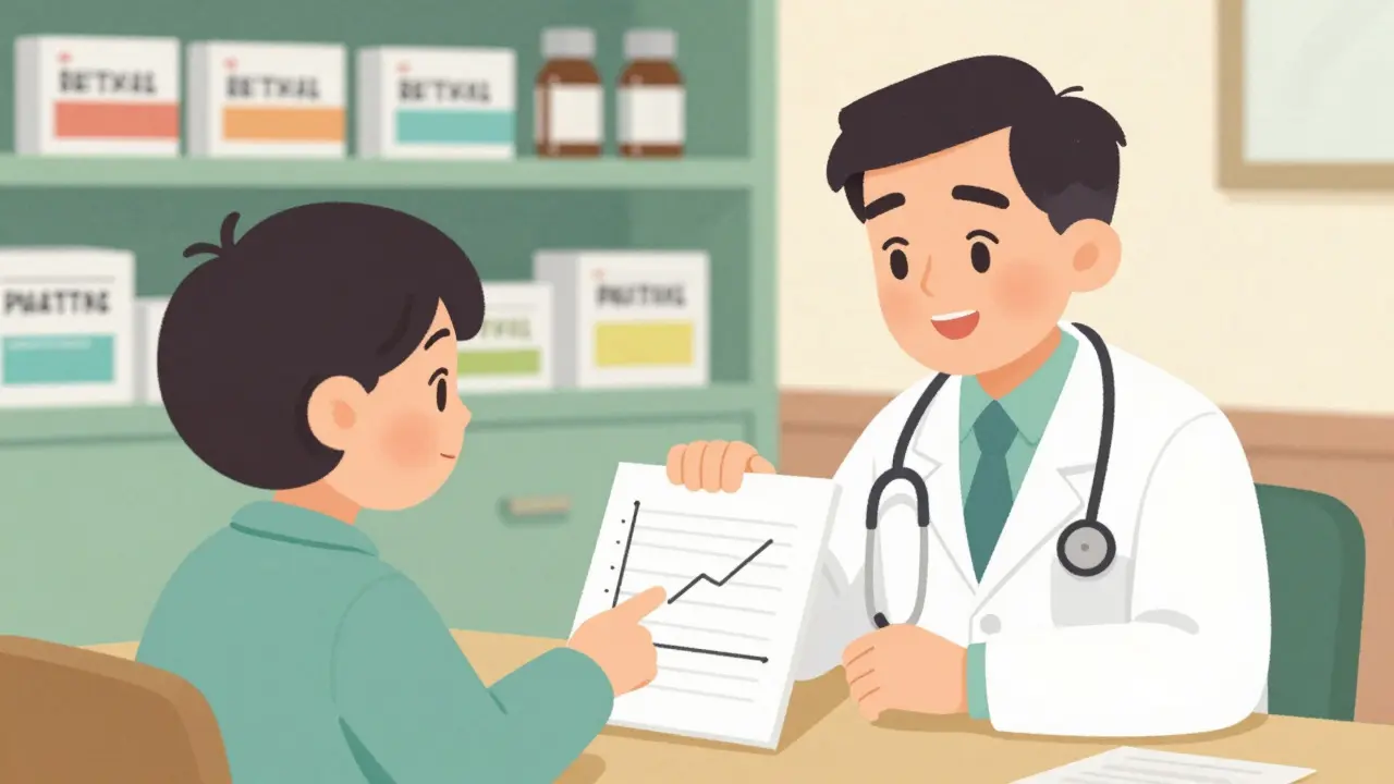 Doctor and patient reviewing health records in a vintage cartoon setting