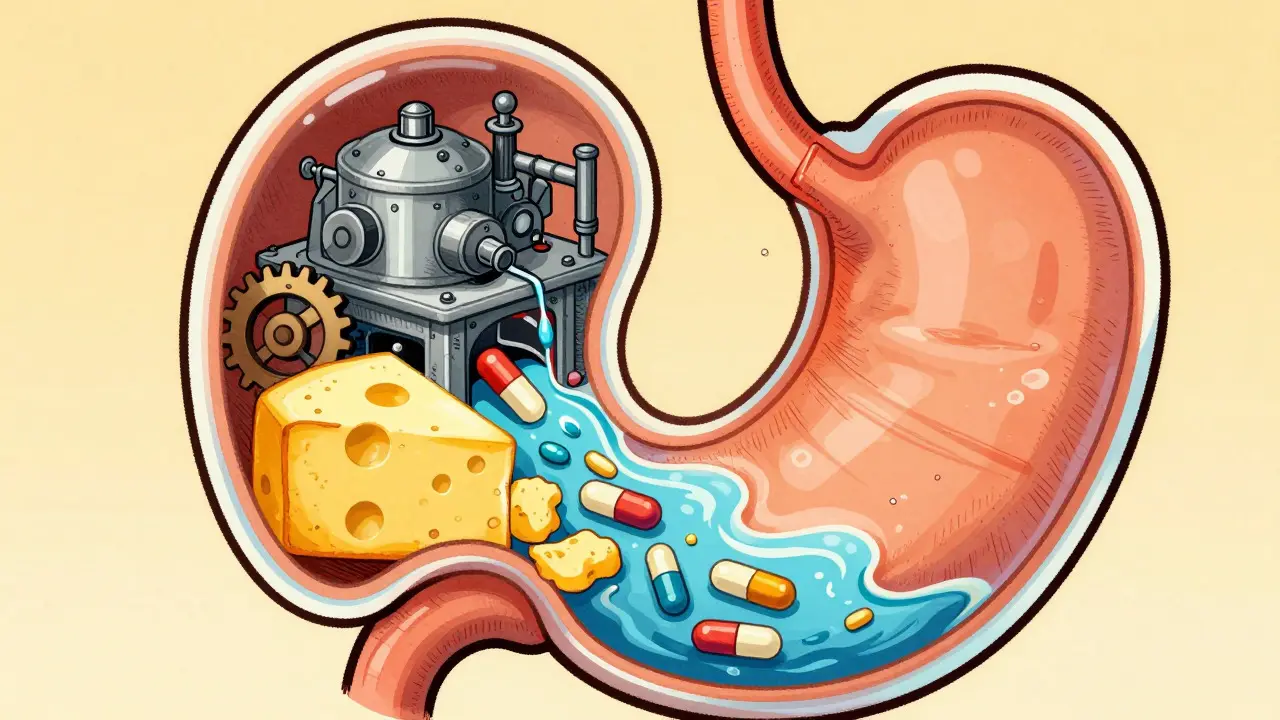 Estomac stylisé montrant l'impact de la graisse sur la digestion des médicaments