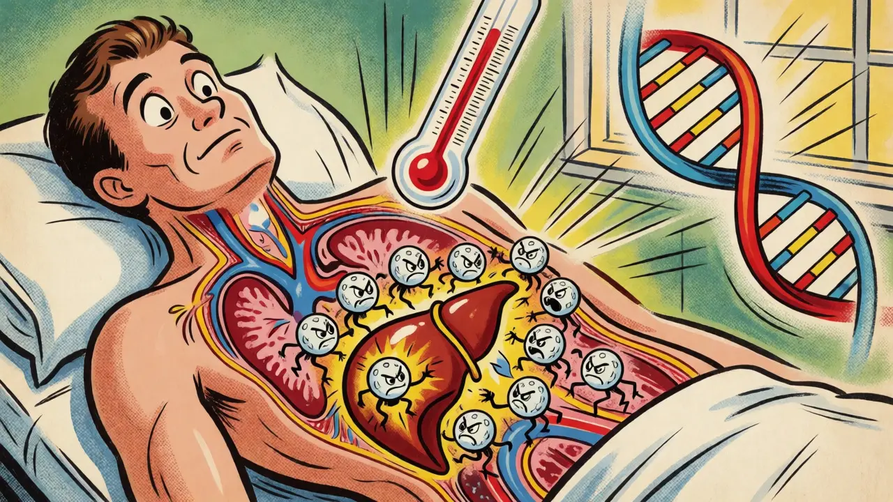 Illustration du foie attaqué par des globules blancs et ADN génétique