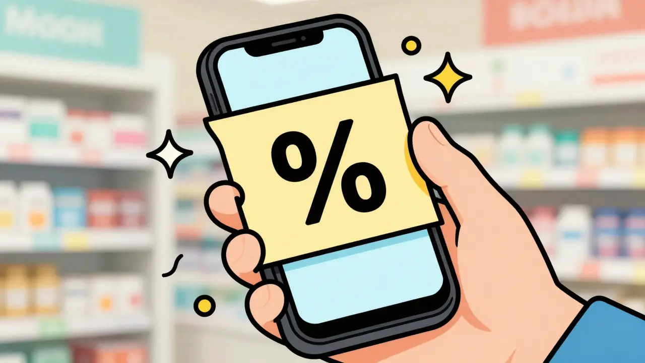 Main tenant un smartphone affichant un bon de réduction pour médicaments