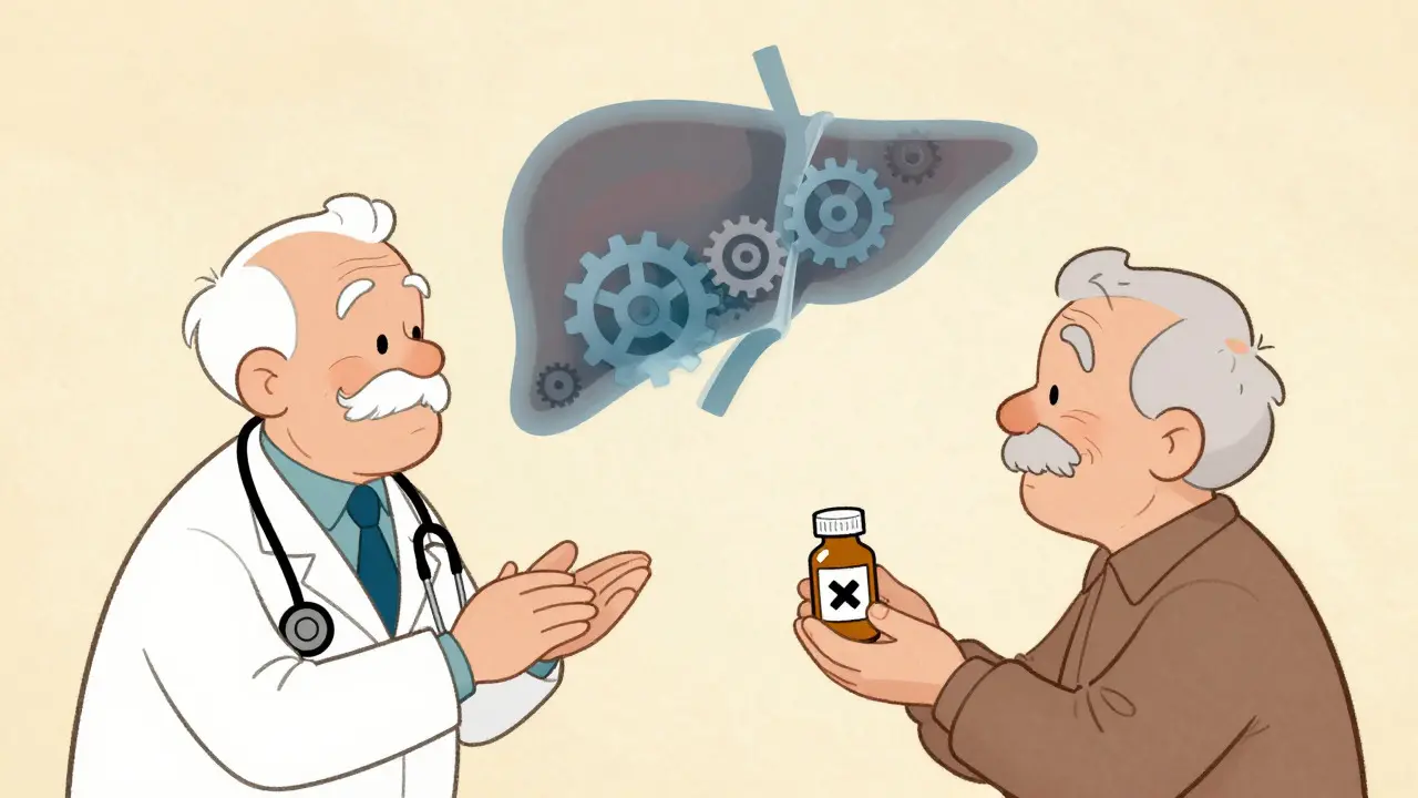 Médecin et patient devant une représentation du foie et des métabolismes