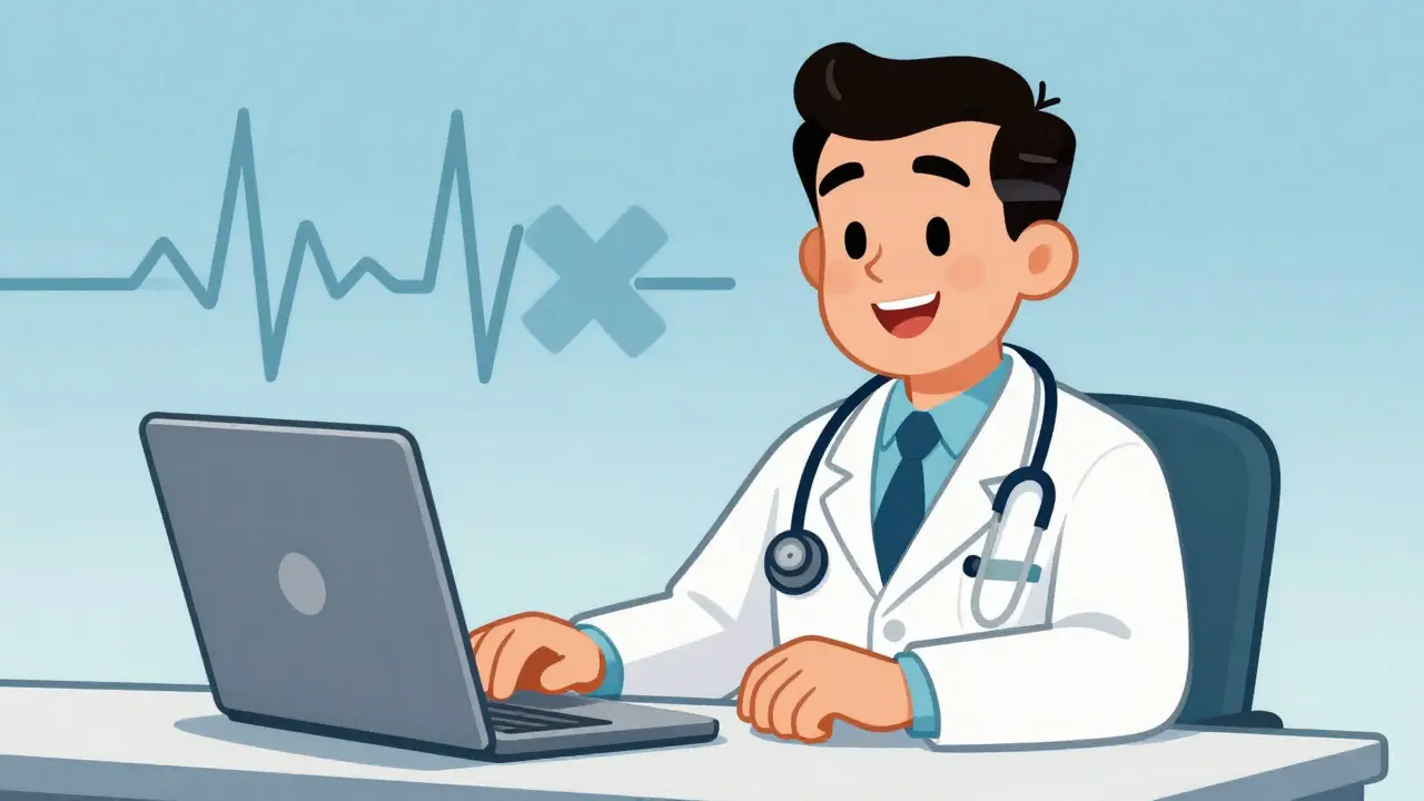 Médecin souriant en costume blanc lors d'une consultation vidéo virtuelle sécurisée