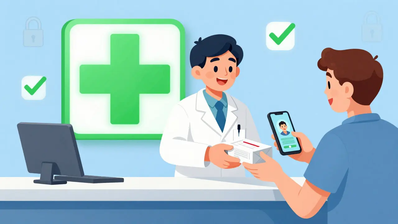 Pharmacien livrant un colis sécurisé après téléconsultation