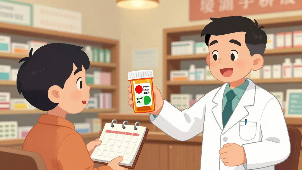 Pharmacien remettant un flacon avec étiquettes colorées à un patient