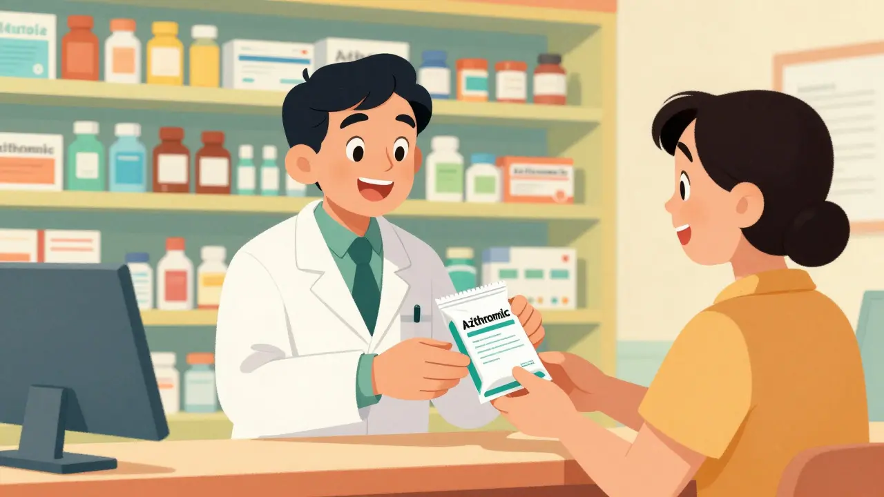 Pharmacien souriant remettant un médicament à un client satisfait