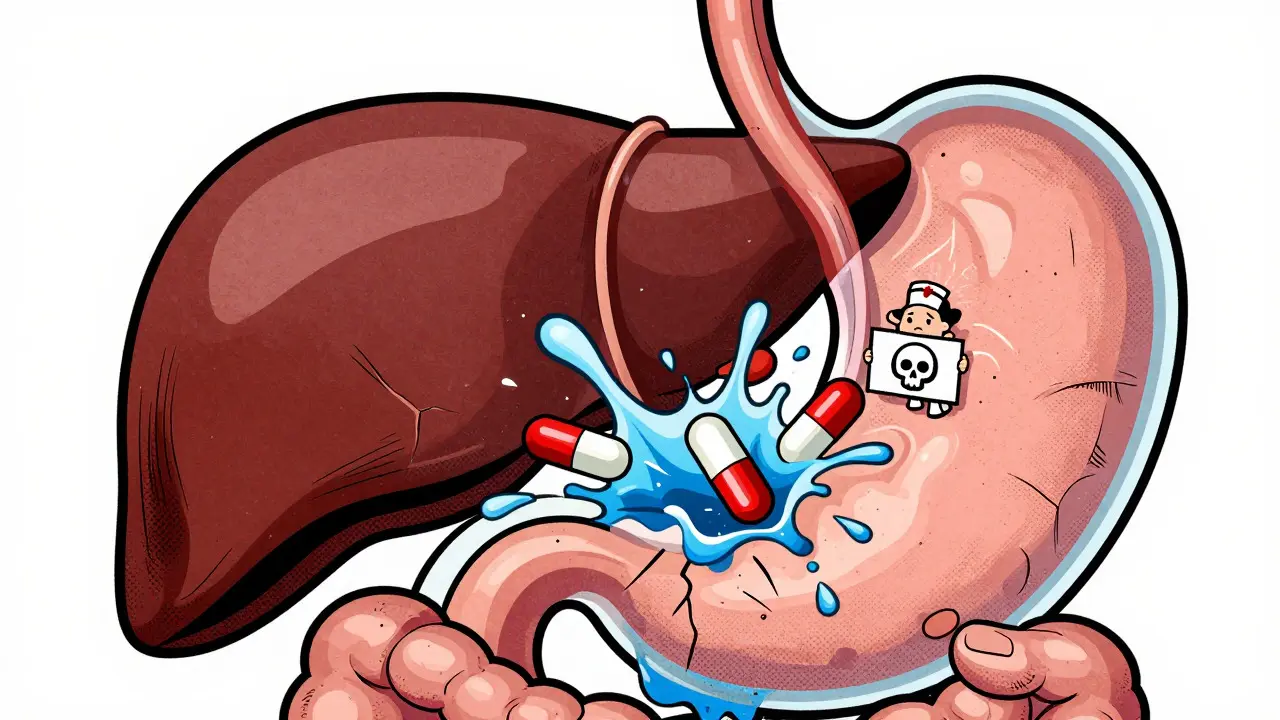 Pills et alcool qui s'attaquent à l'estomac dans un style rétro