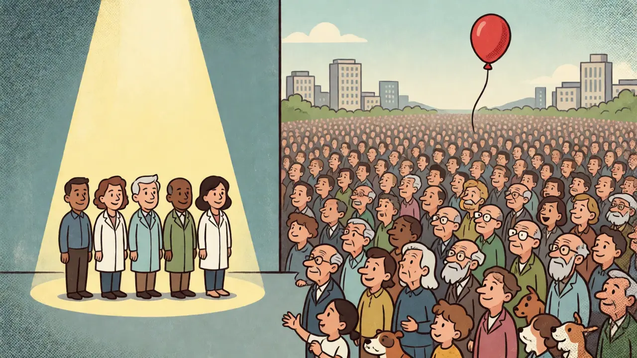 Comparaison visuelle entre un petit groupe d'essais cliniques et une foule massive.